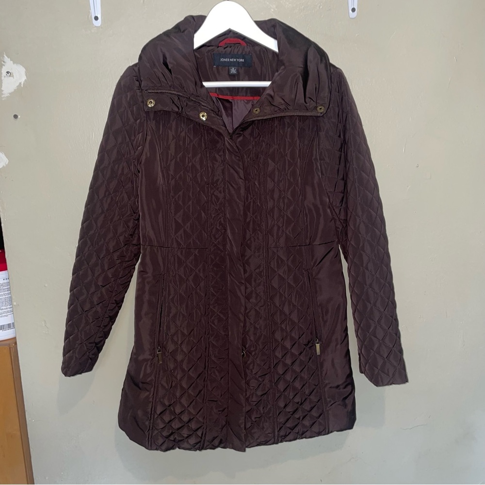 jones new york dark brown quilted jacket with optional hood